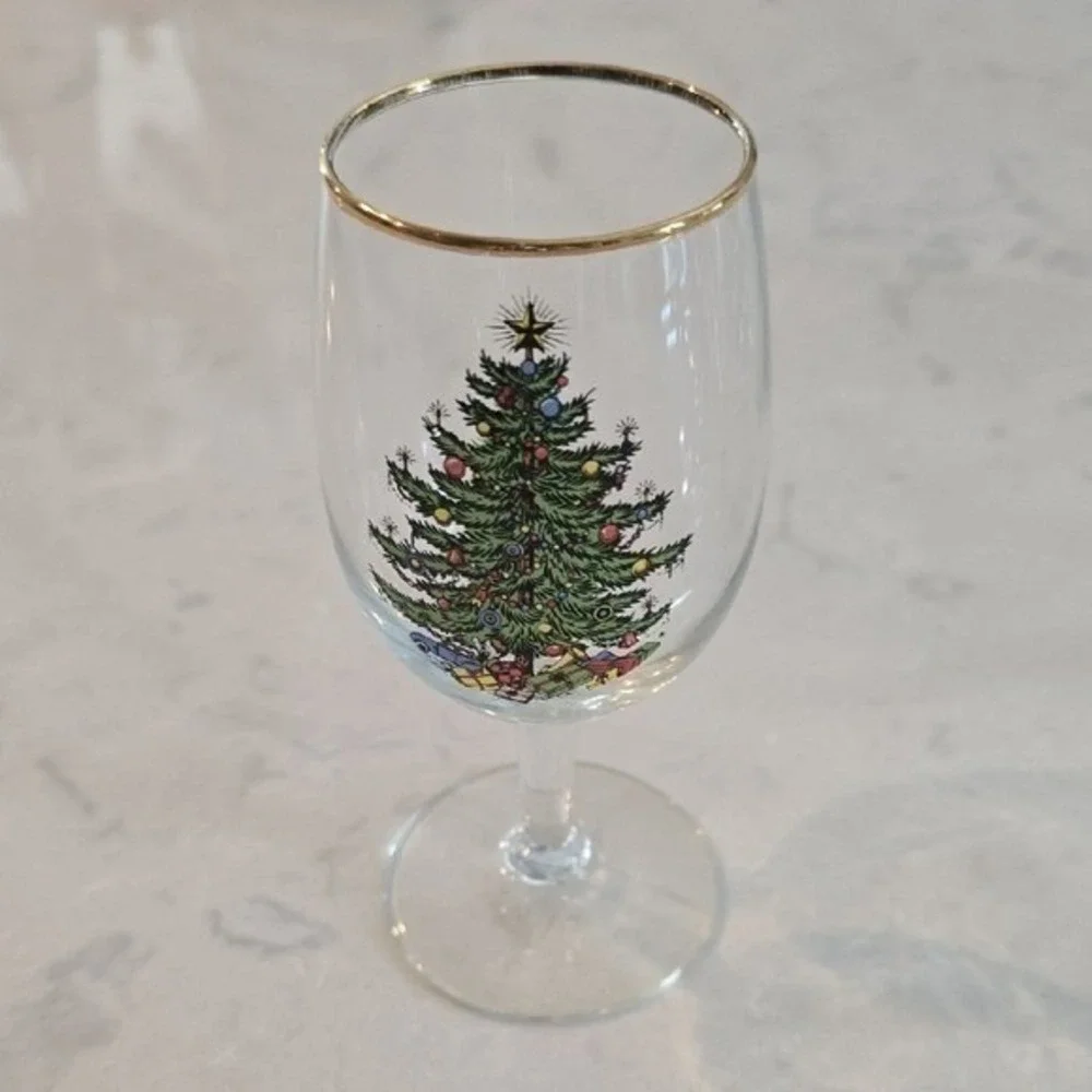 SET OF 8 Spode Christmas Tree Wine Glasses 22k Gold Rim 6.5